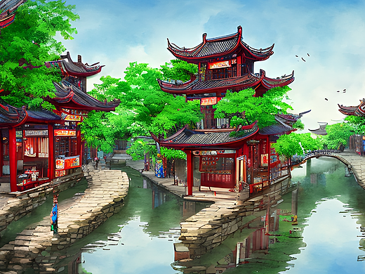 #站酷梦笔#江南古镇，插画（个人主页-ZNjQwNDg1Njg=） - AI作品 - 站酷设计师千针石林原创素材 - 站酷ZCOOL