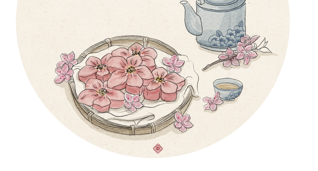 中式古风食物插画-桃花酥