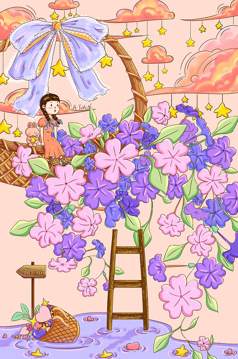 原创插画系列六｜治愈系场景画｜花篮女孩兔兔（图ZMzI4Mjk5ODA0） - 商业插画 - 站酷设计师画画的阿圆圆原创素材 - 站酷ZCOOL