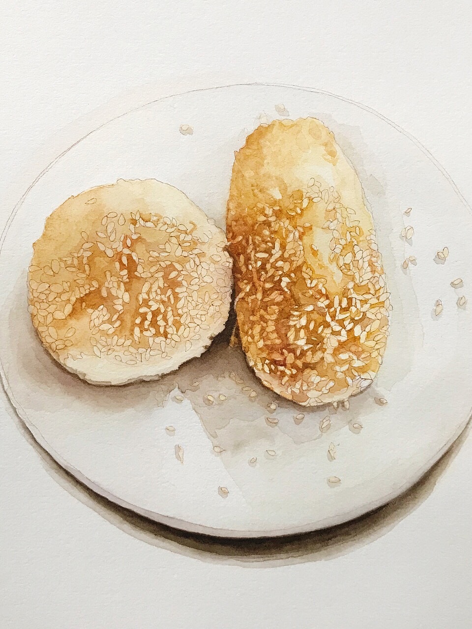  水彩金陵美食> 鸭油酥烧饼