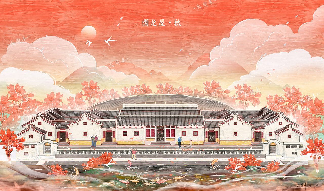 梅州围龙屋的四季插画设计