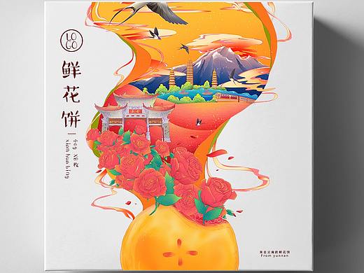 国风鲜花饼包装插画