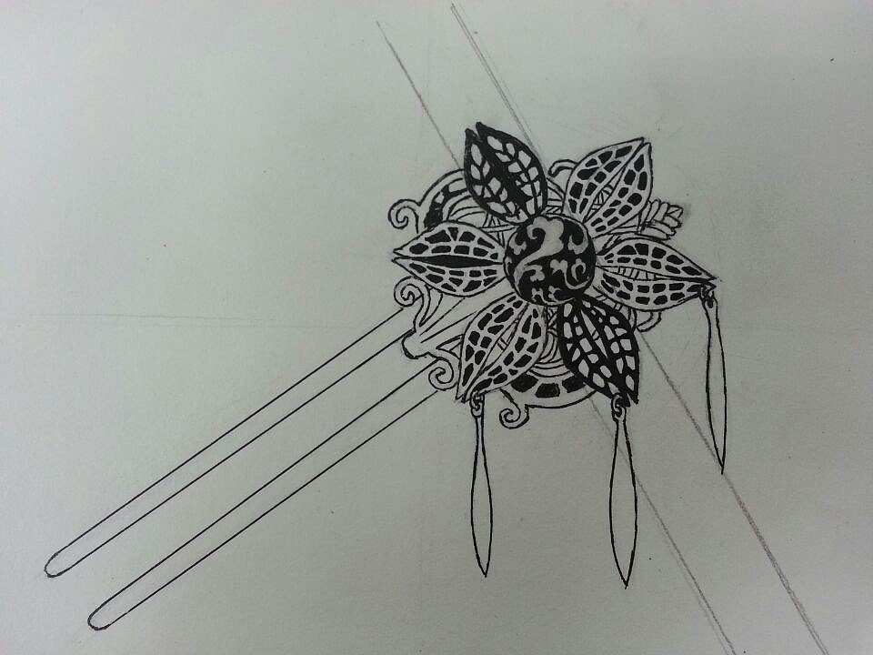 插画黑白线描发簪