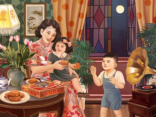 民國風 月餅包裝插畫（個人主頁-ZMzkxNDUwNTY=） - 商業(yè)插畫 - 站酷設計師PICAST圖卡司插畫原創(chuàng)素材 - 站酷ZCOOL