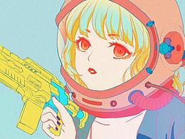 持枪少女插画