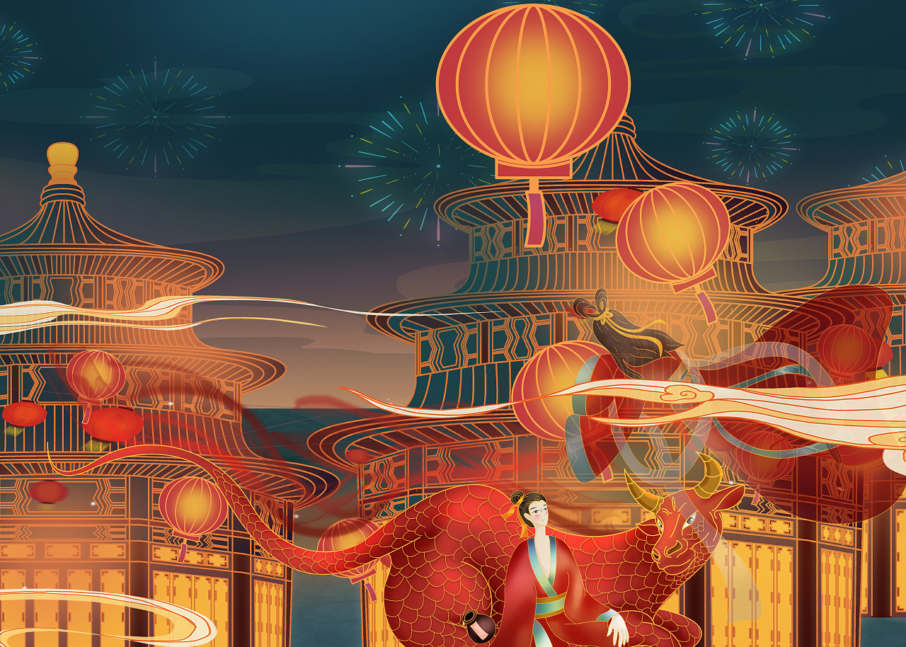 大过牛年 七夕 牛郎 织女 手绘 插画 国潮