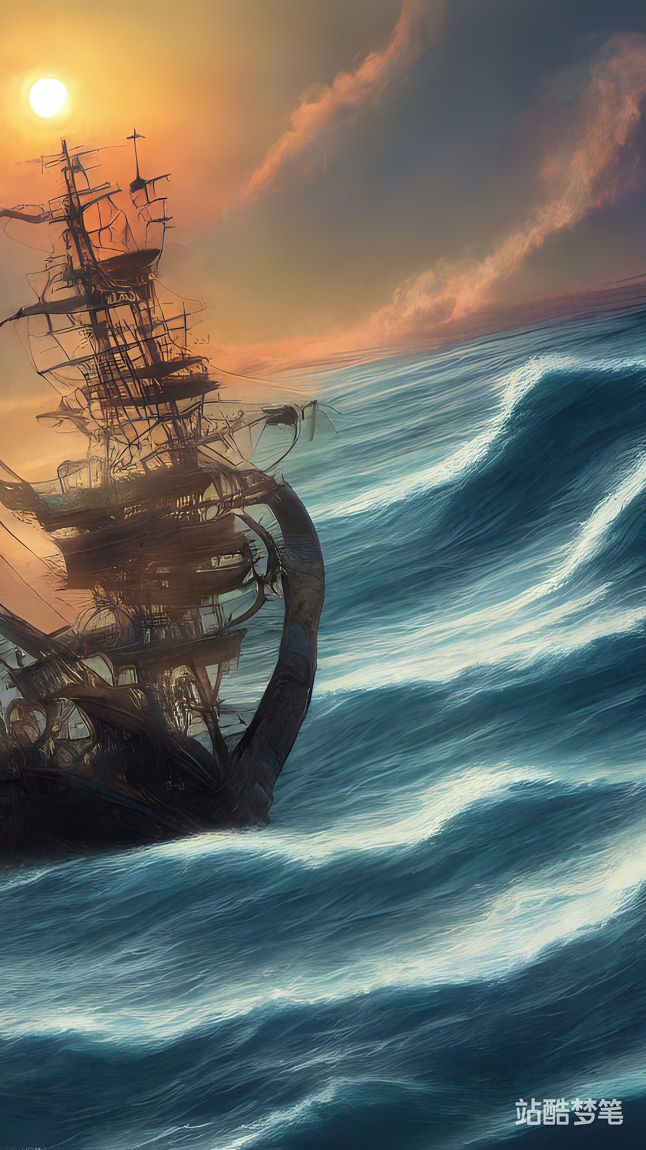 #站酷梦笔#日出 海面 海盗船 波浪，紧张刺激，超现实（图ZMzI0OTg0MjU2） - AI作品 - 站酷设计师小魔姑丽紫原创素材 - 站酷ZCOOL