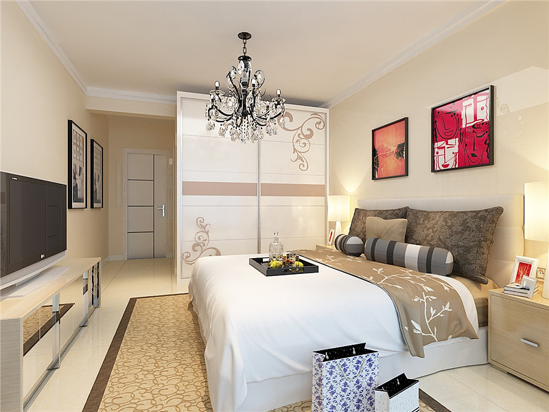 主卧阳台是一个拐角的造型,考虑到空间利用,在拐角地方可以放洗衣机,地面砌个台面,正面可以做休闲阳台。