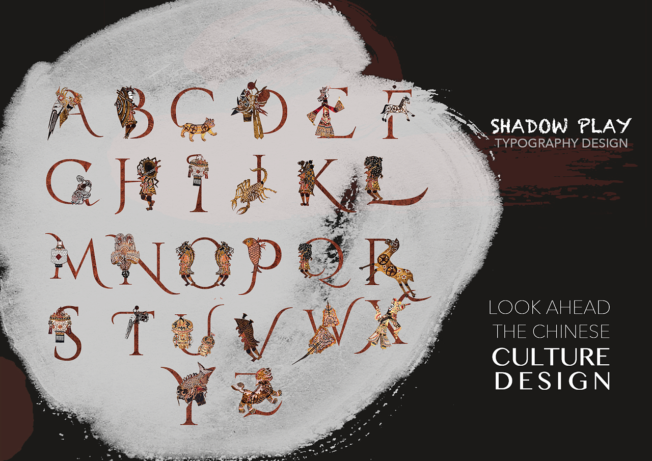 使用中国传统艺术皮影的元素与英文字母相结合是我的创意,并负责了一
