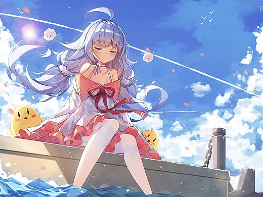 【内容识别】大海 蓝色天空 可爱动漫少女