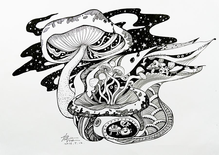 创意线描蘑菇精灵