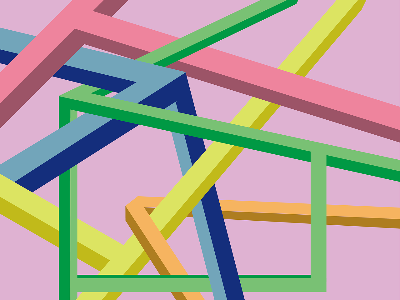 彩色的条形结构在空间中交错,构建出一个视觉错乱的矛盾空间。