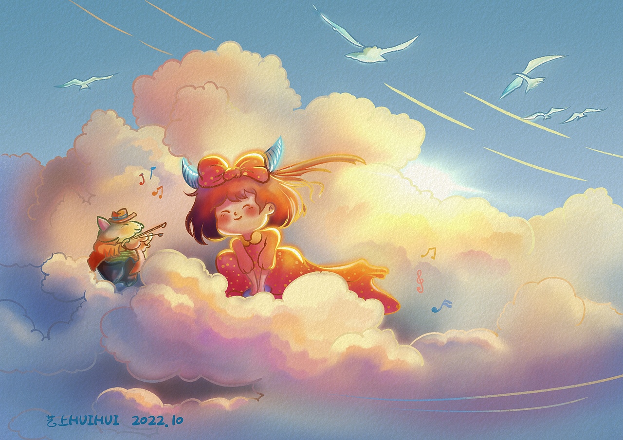 原创插画/坐在云朵上听音乐/可爱