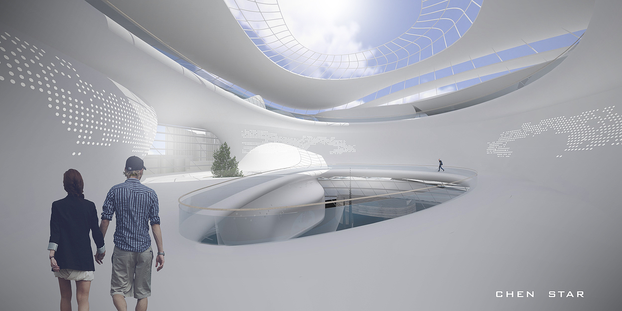 二层走廊地面墙面采用白色结合丰富的曲面打造强烈的未来感,一层展览馆的一棵树从二层探出,结合树池有一圈下沉式的休息区