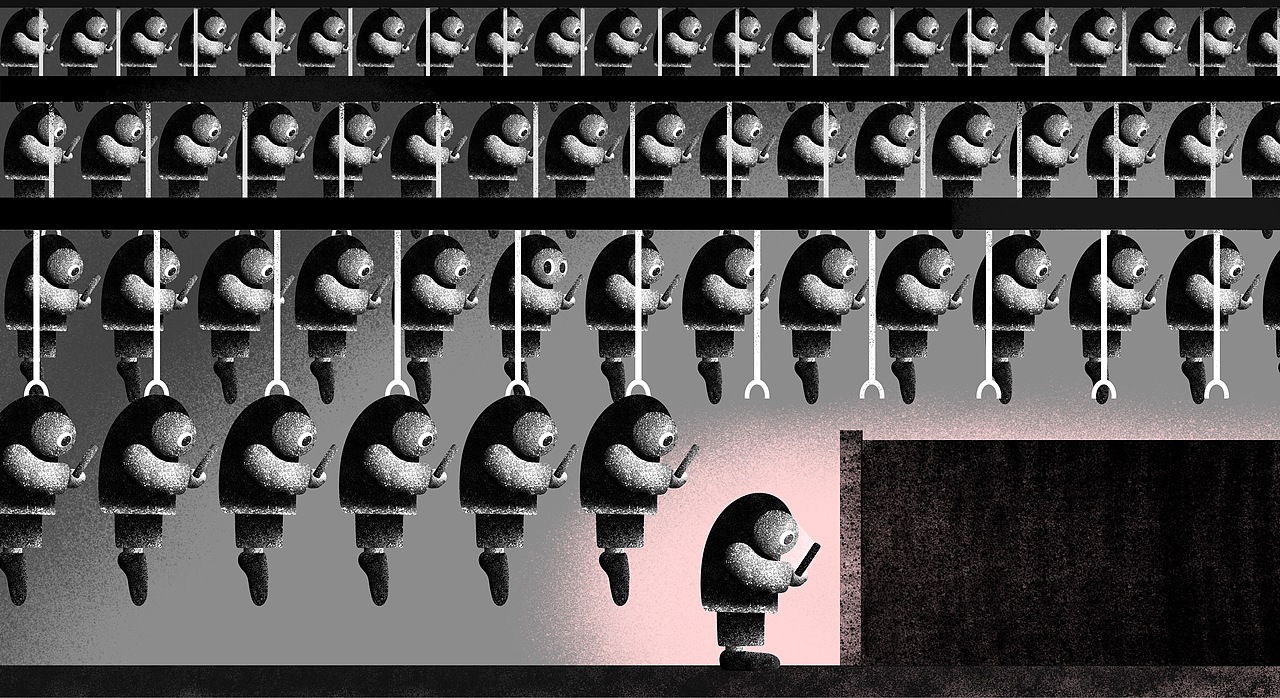 《批量生产》
<br><br>当下,常常在上下班高峰期的地铁里,大街小巷中。我总是看到每个人拿着手机行进。大家整齐划一,低着头,面无表情。<br>我会看到一种集体无意识的共性——共同的姿态和行为举止。于是我想到了流水线上的批量生产。挺好玩的。有时候会觉得,我们就像是那些批量生产出来的一样,在出厂落地时启动,然后批量同质化前进。<br><br>(但当你仔细看,那些挂在机器架上的手机人中,有一个是不同的。他在生产过程中就已经觉醒过来,并做出了独属于自己的反应。<br>这是个体的自我,自我的独特性。)<br><br><br><br><br><br>