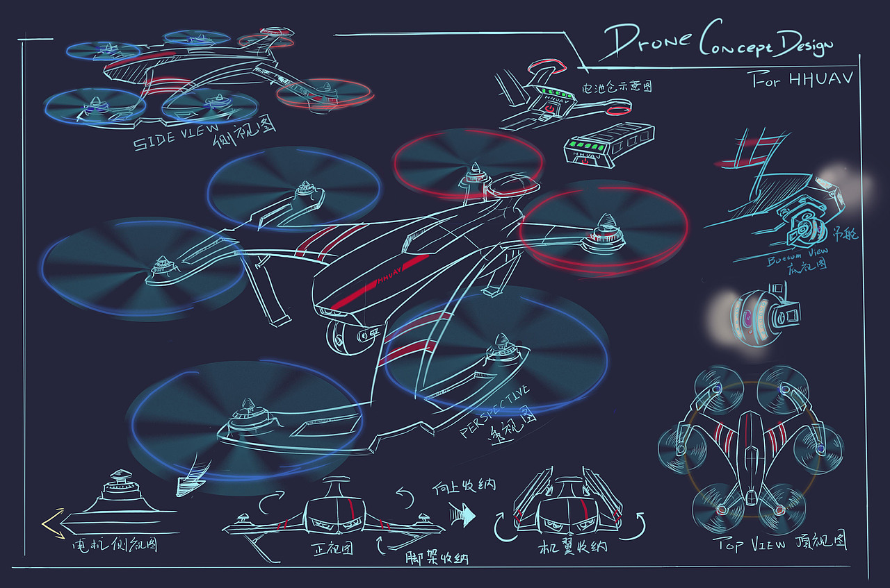 无人机手绘概念稿（图ZNTUzMDk0NjQ=） - 概念设定 - 站酷设计师花_小花原创素材 - 站酷ZCOOL