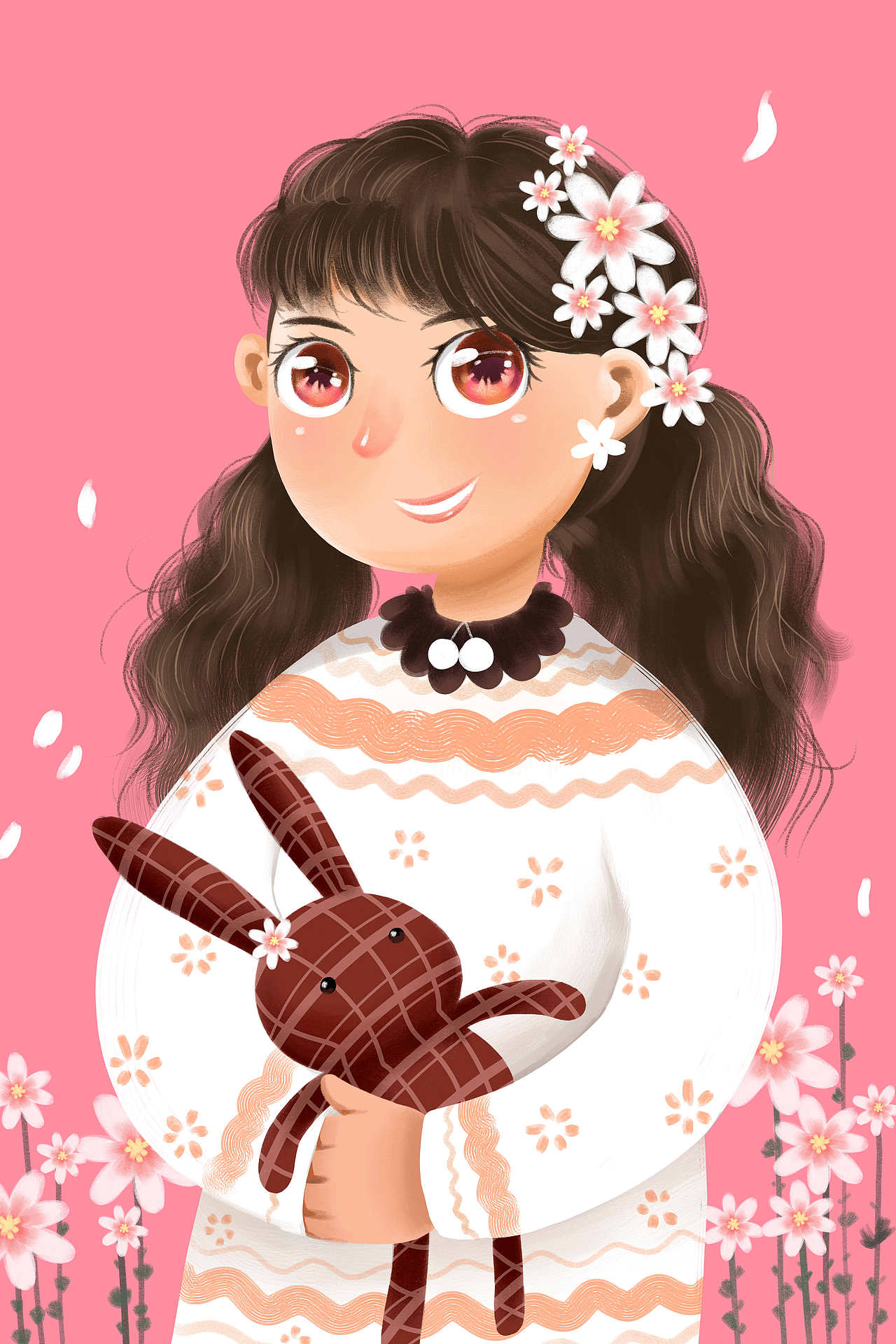 花卉女孩女生节手绘插画