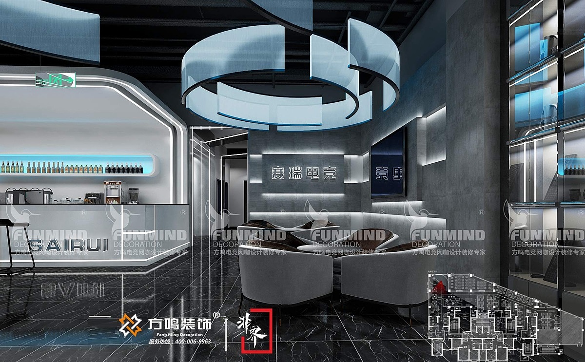 赛瑞电竞(入口.休闲区)-效果图,实景对比-电竞馆|网咖电竞酒店综合体设计装修_赛瑞电竞综合体设计
