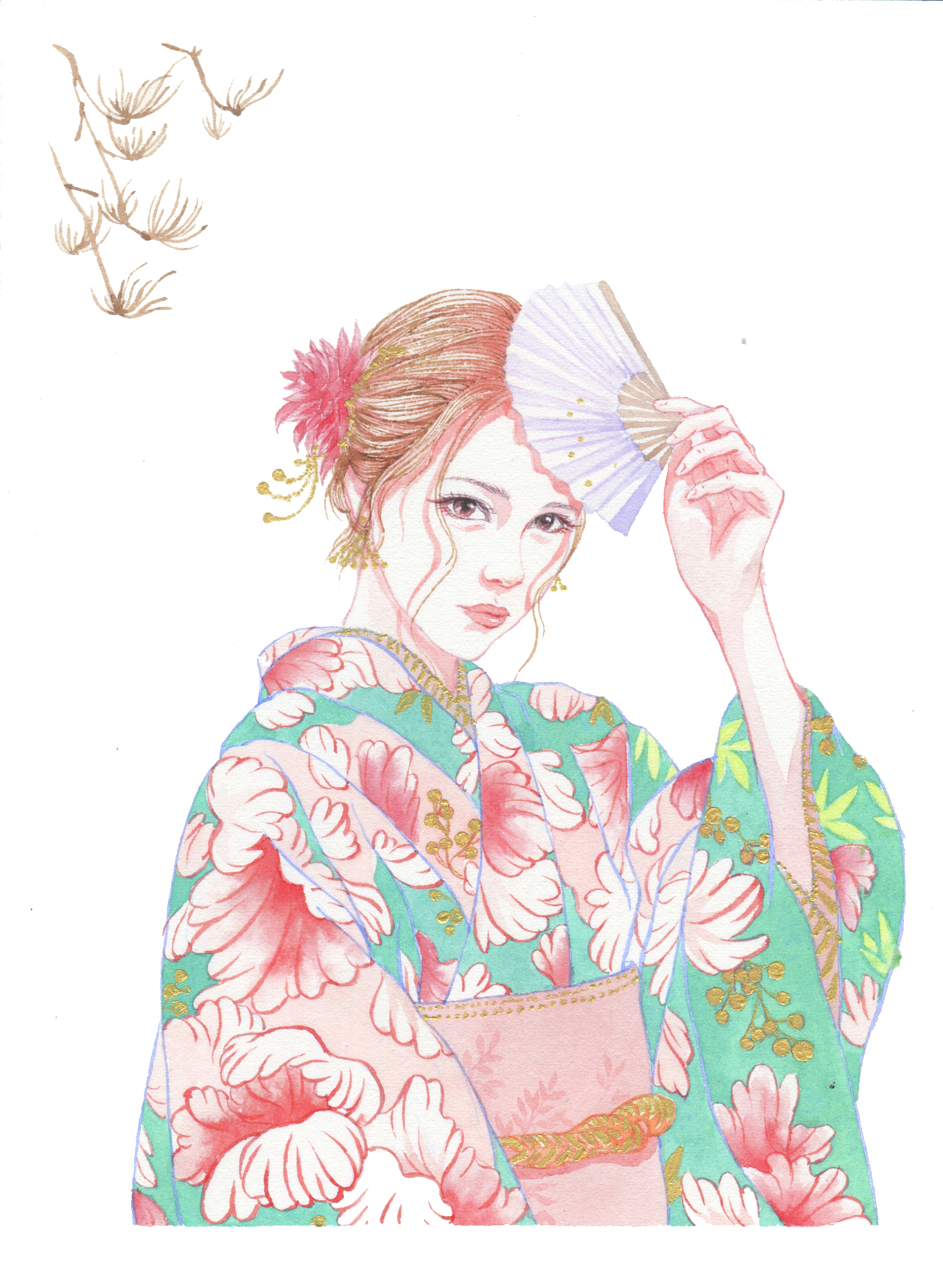 HE FENG水彩和服妹子