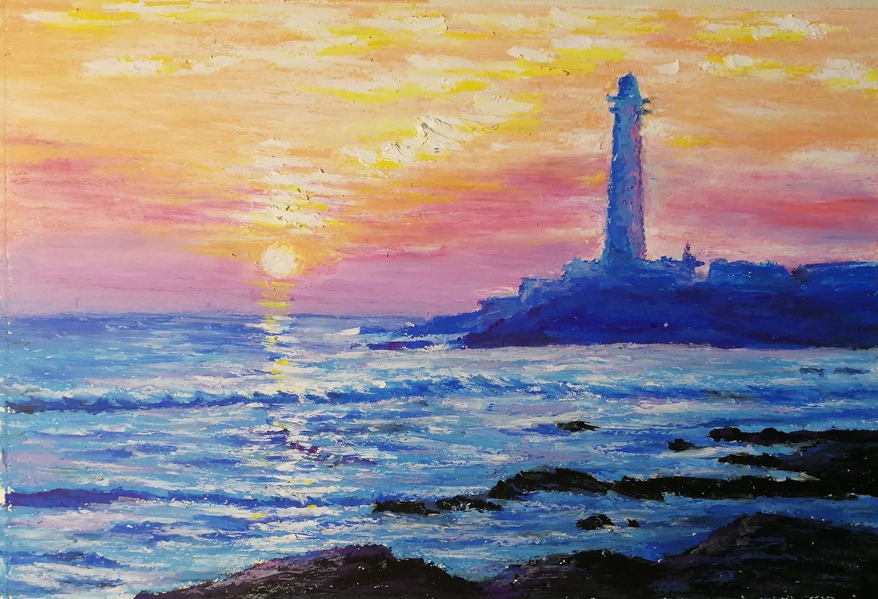 油画棒下的《晚霞》_浩轩手绘-站酷zcool