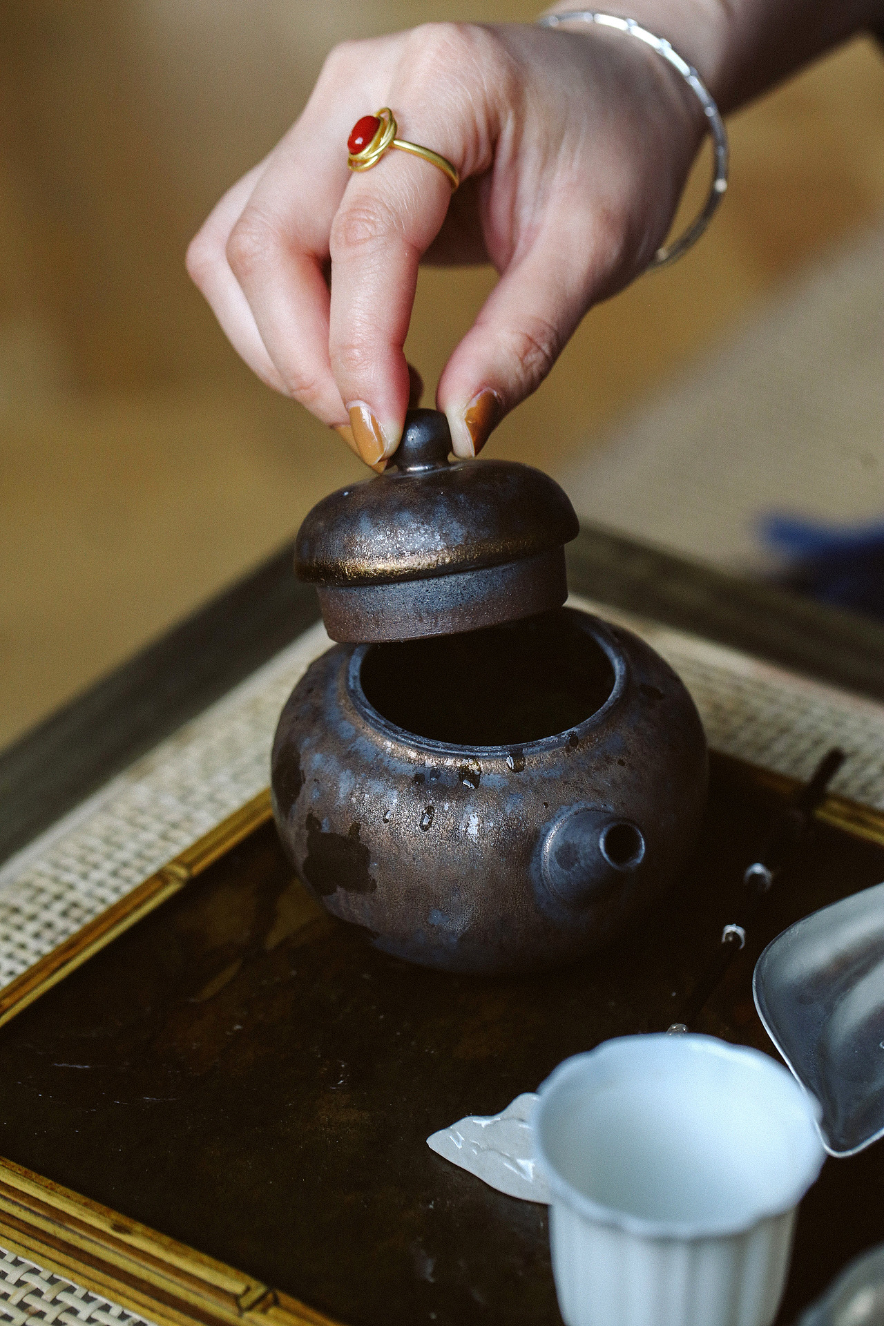 999纯银紫竹茶针银茶勺 茶壶 干泡盘