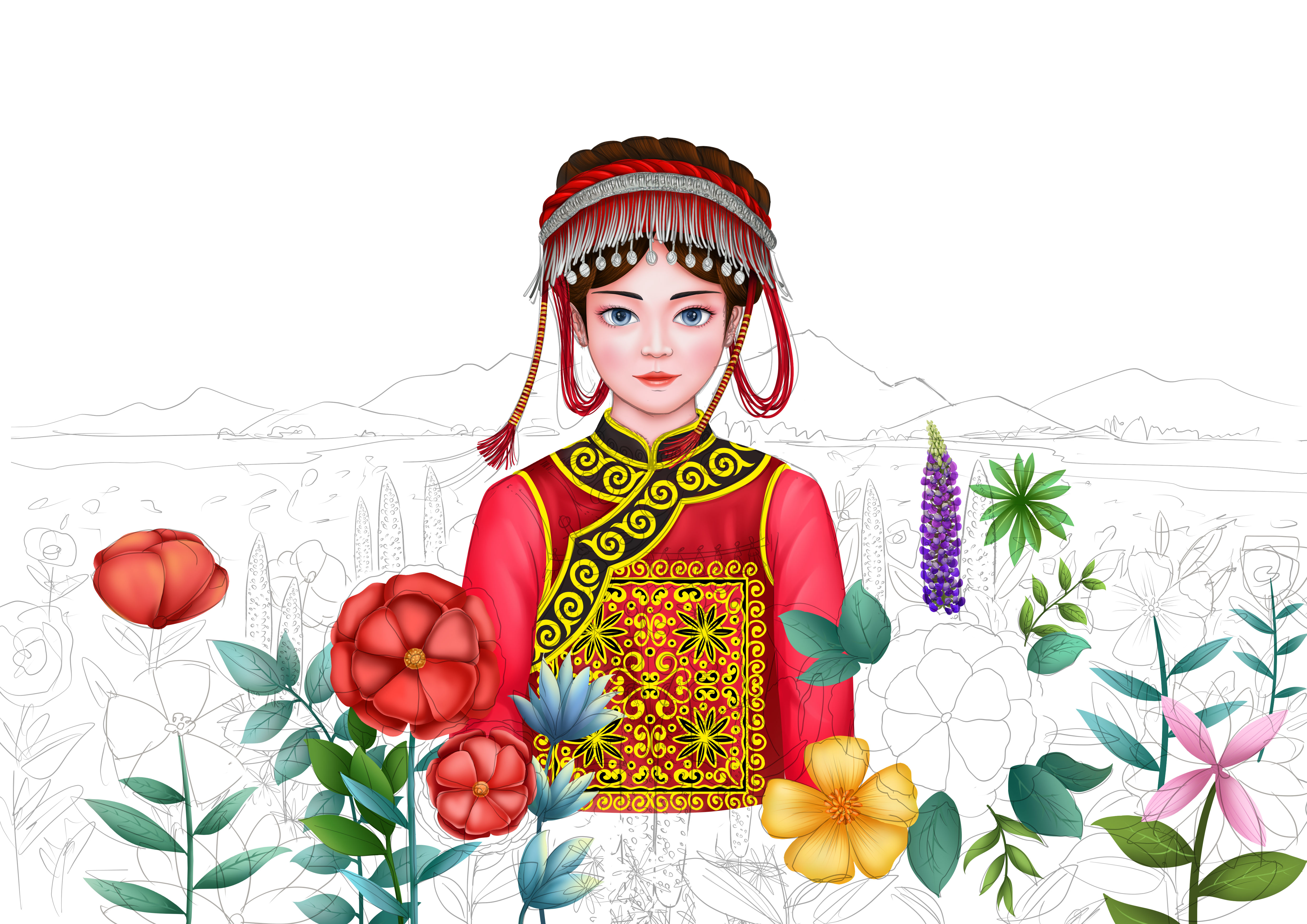 彝族服饰手绘图片