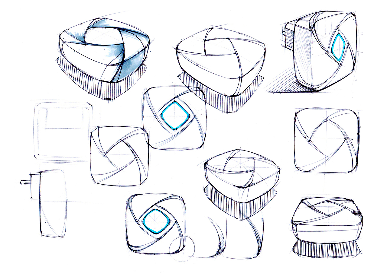 在这个阶段,设计师并不用考虑产品的透视关系、明暗关系、细节,以及使用的工具等,主要是通过线稿来推敲出产品的大型。