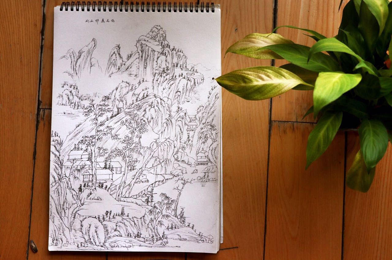 针管笔速写山水画