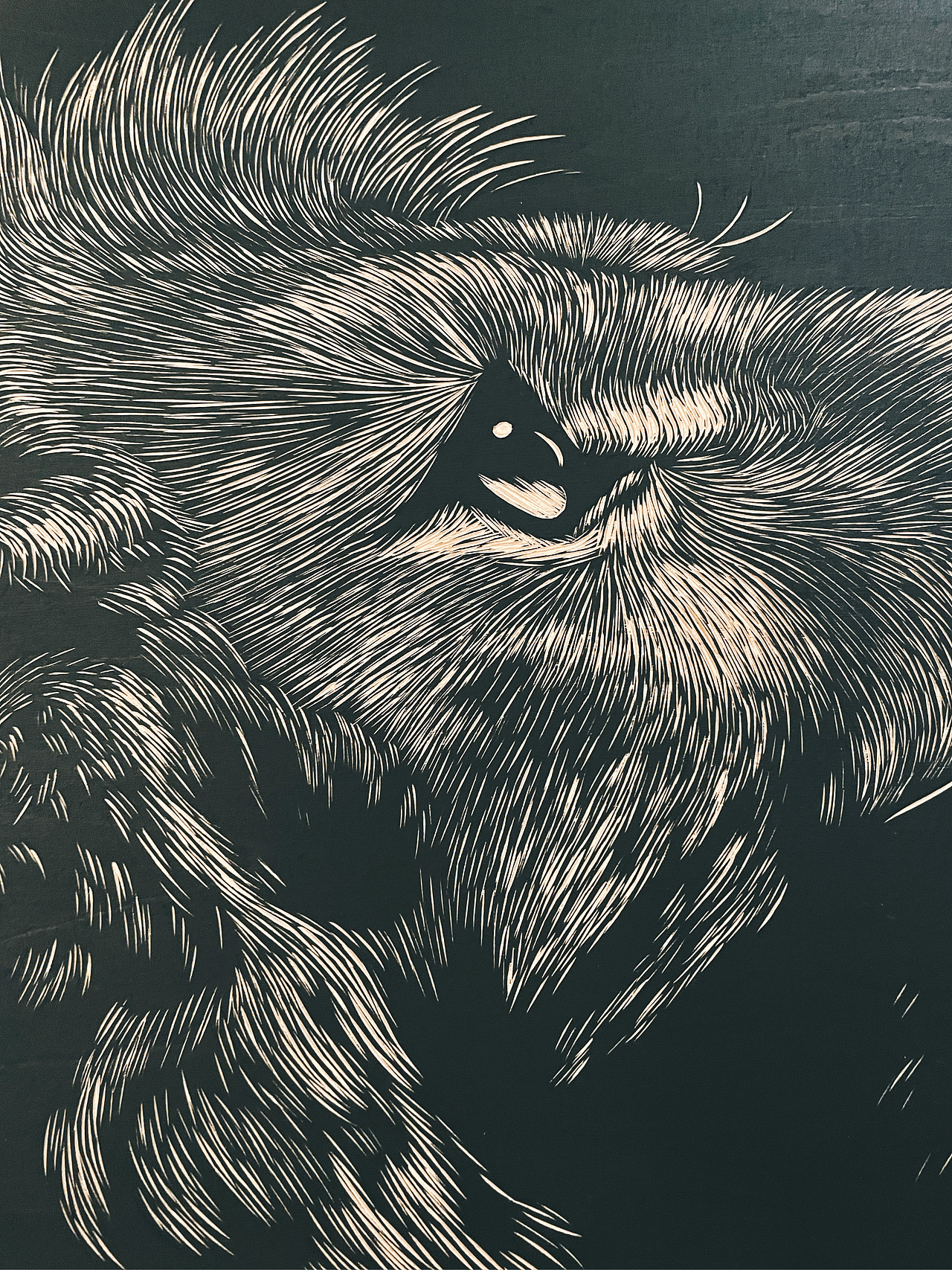 手工雕刻黑白木刻版画狮子