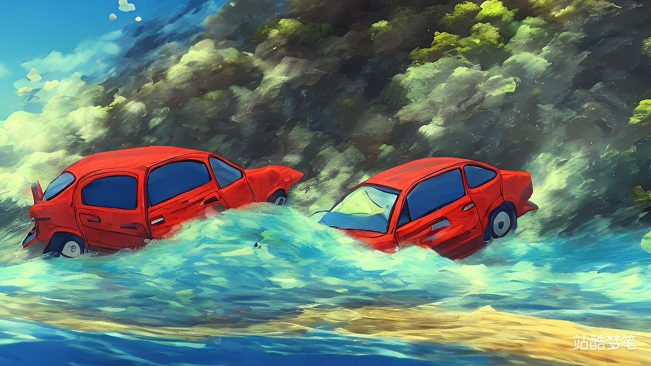 #站酷梦笔#汽车坠入大海,动漫风