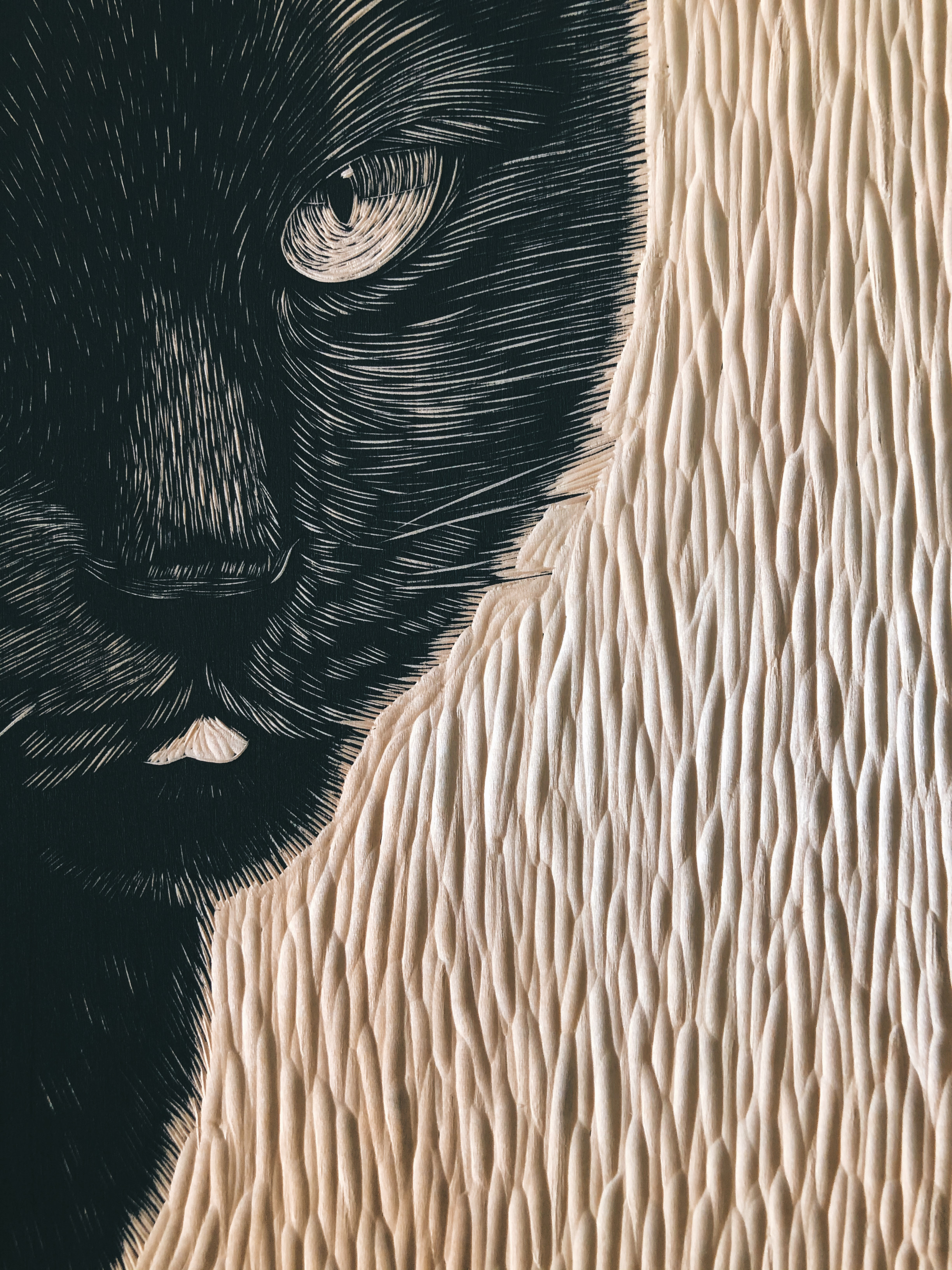 猫咪手工雕刻黑白木刻版画