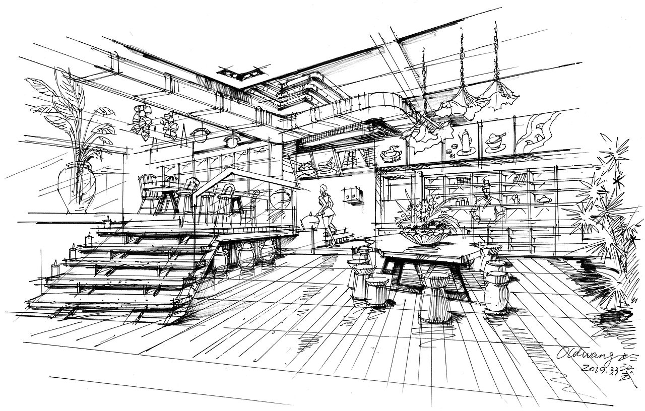 咖啡店室内透视钢笔线稿