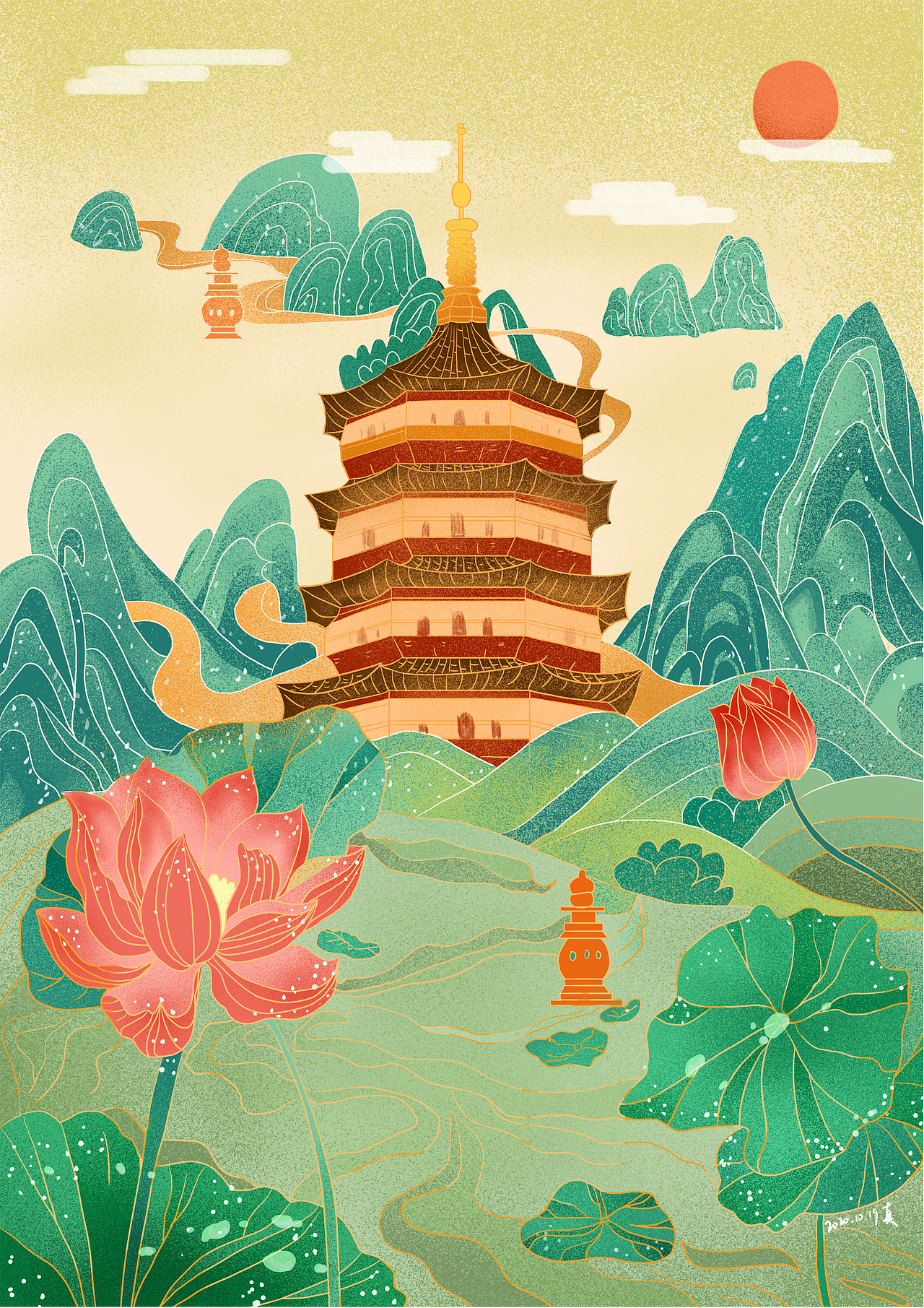 临摹手绘插画-美丽的杭州