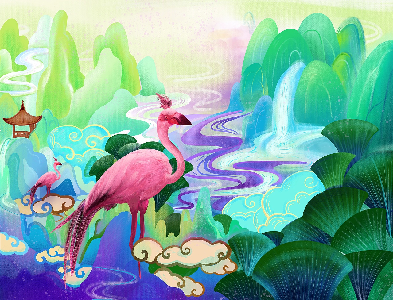 山水插画之火烈鸟（图ZMTkzNTg3Njcy） - 艺术插画 - 站酷设计师草莓小妹儿原创素材 - 站酷ZCOOL