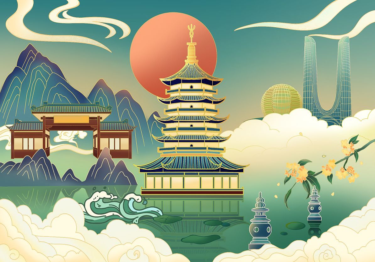 国风插画建筑系列