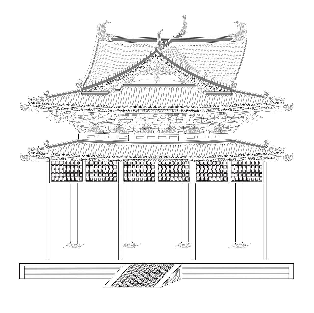 宋式重檐十字脊歇山顶吟烟亭