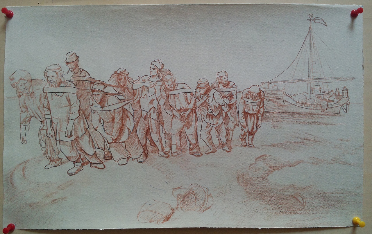 彩铅伏尔加河上的纤夫