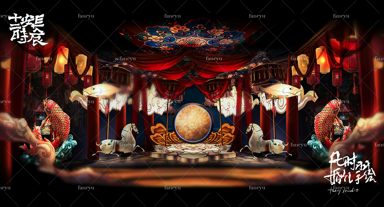 「长安十二时辰」中式唐风主题婚礼手绘效果图