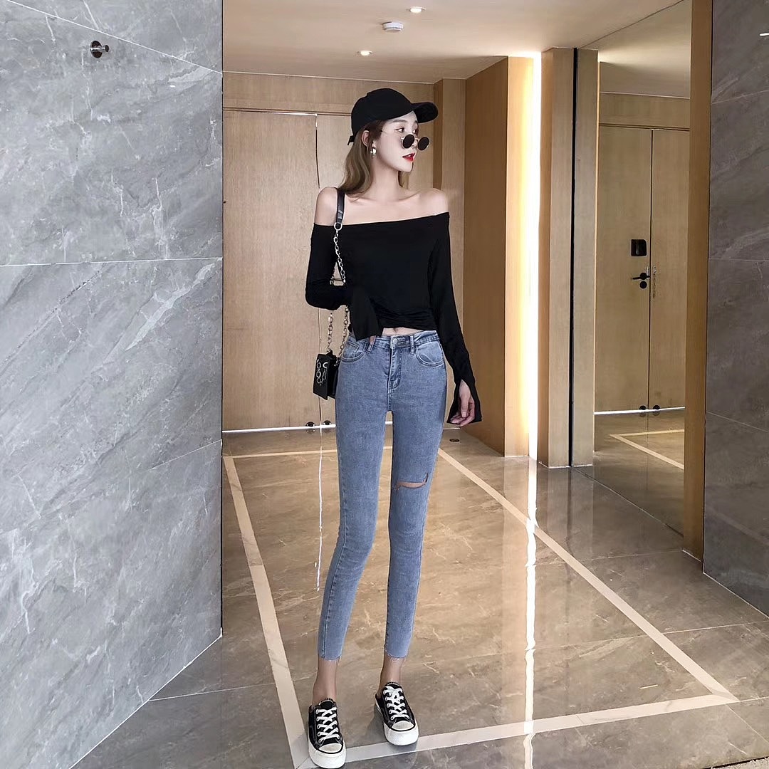 模特周洛希休闲裤 破洞裤 阔腿裤 修身裤 广州裤子摄影