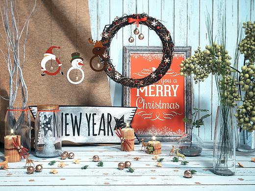 c4d超写实场景圣诞接桌子蜡烛雪人oc渲染铃铛节日橄榄