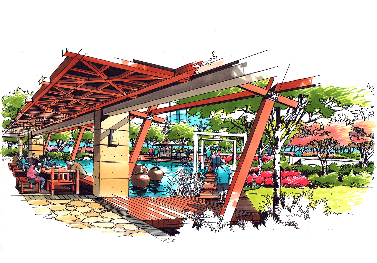 园林景观线稿步骤图上色作品欣赏(一)