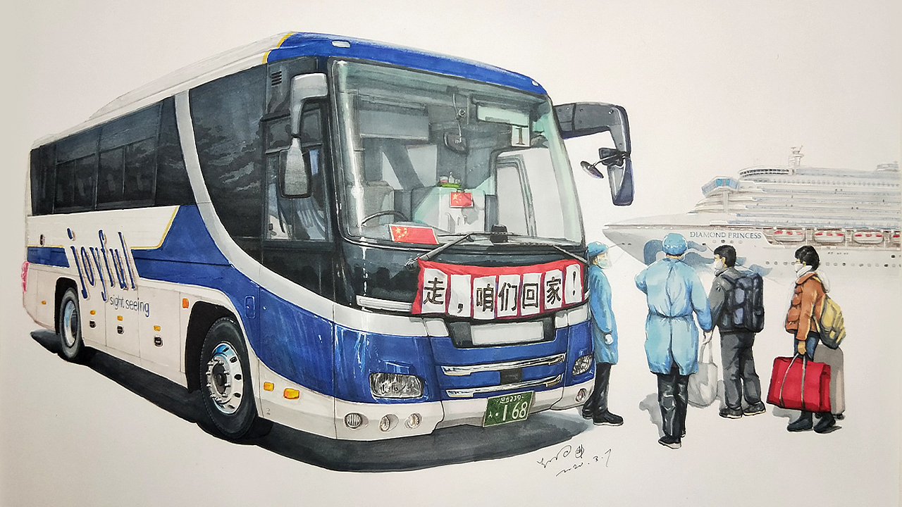 中国同胞《走,咱们回家!》马克笔手绘记录历史感人瞬间