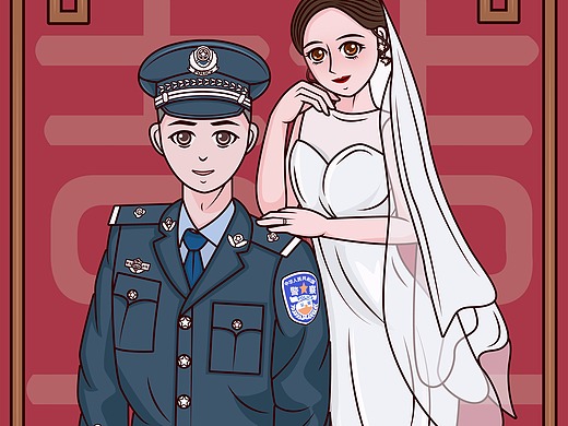 军装婚纱照插画