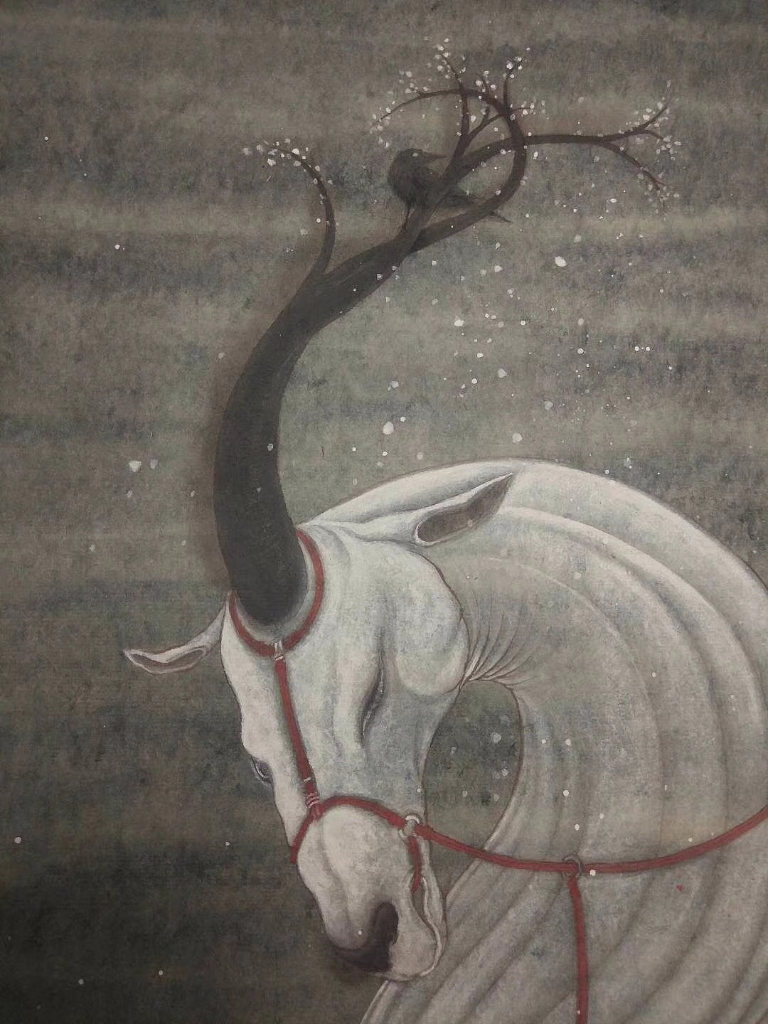 《獨角白鹿棲雀圖》