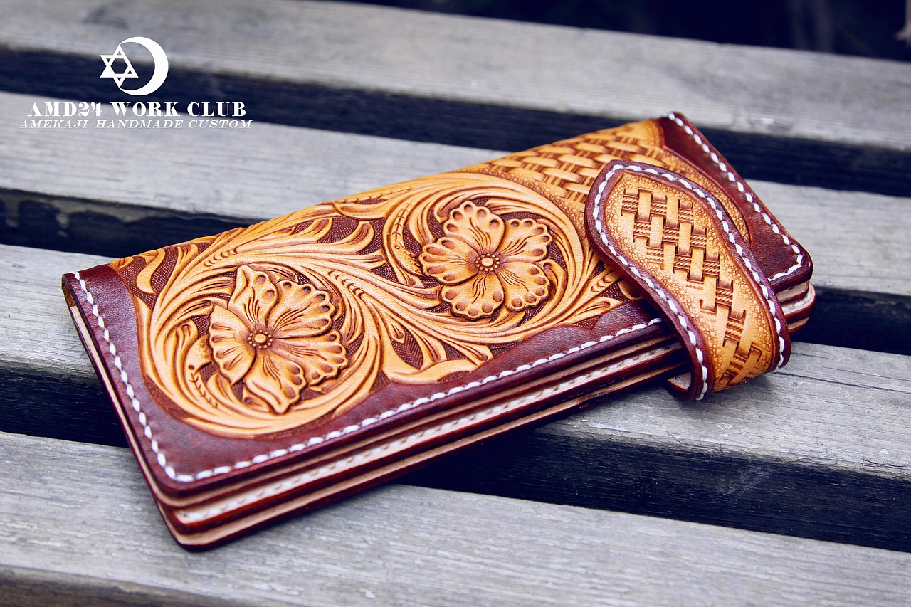 皮雕植鞣革手工皮具 两折财布