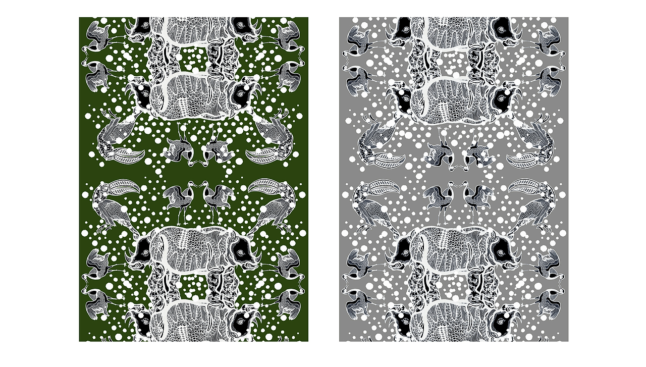 手绘动物组合图案丝巾/T恤设计