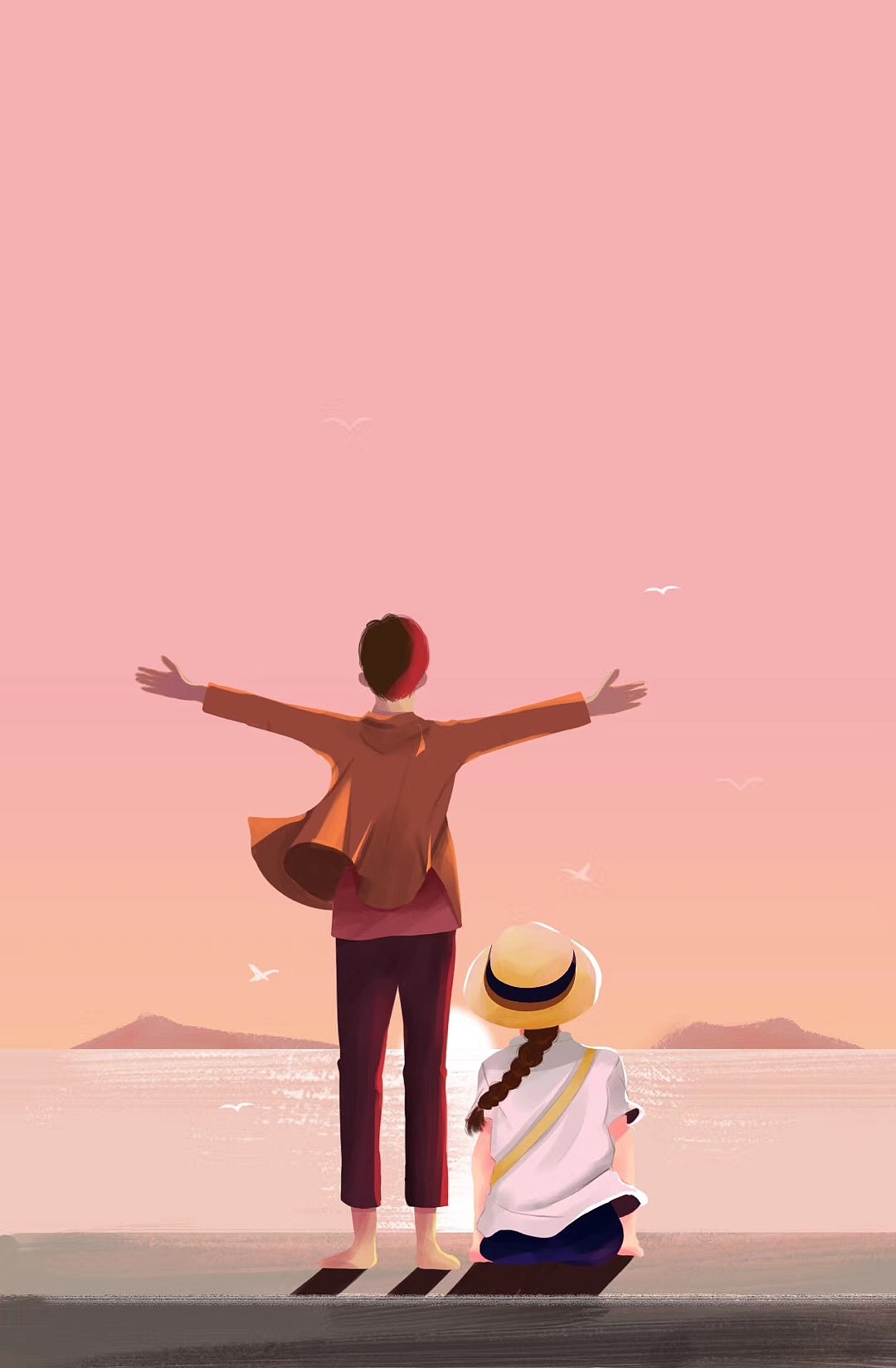 情侣散步夕阳海滩大海校服的裙摆