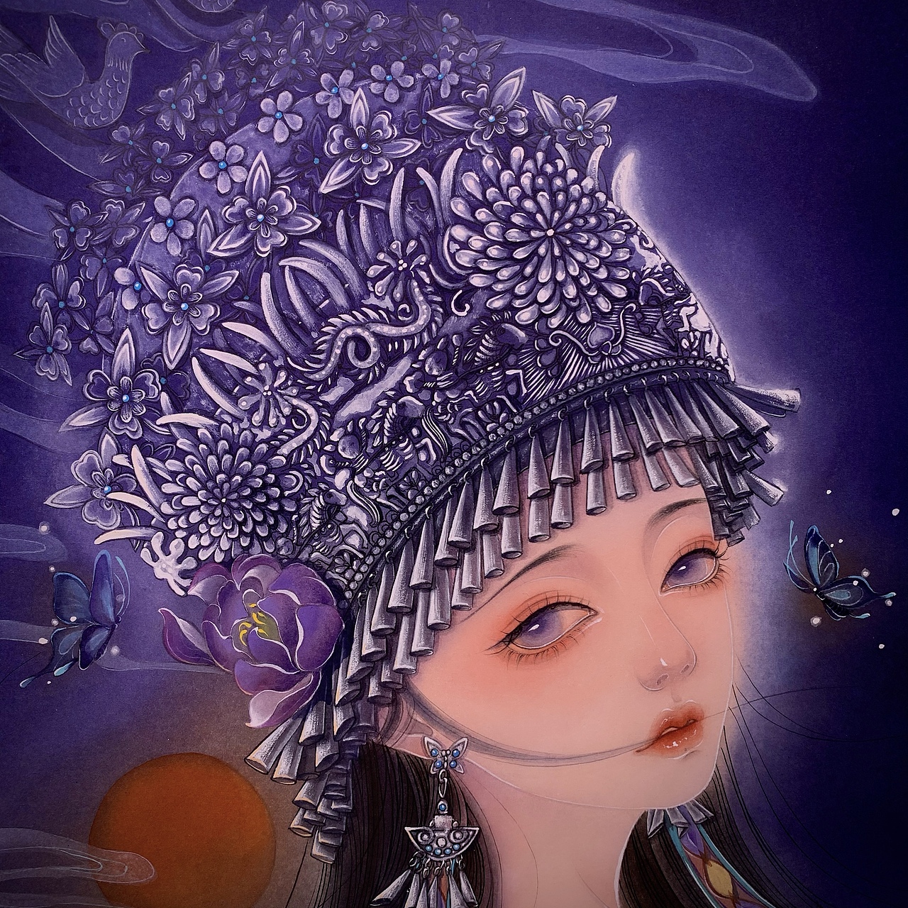 原创水彩插画苗族姑娘