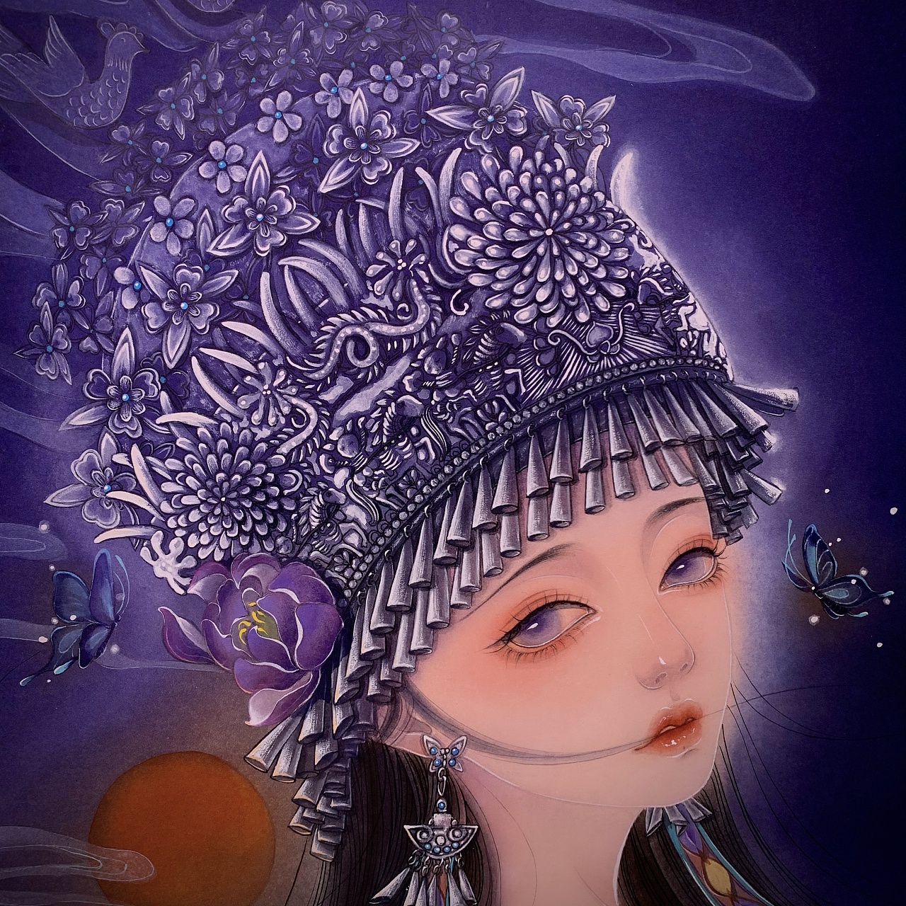 原创水彩插画苗族姑娘