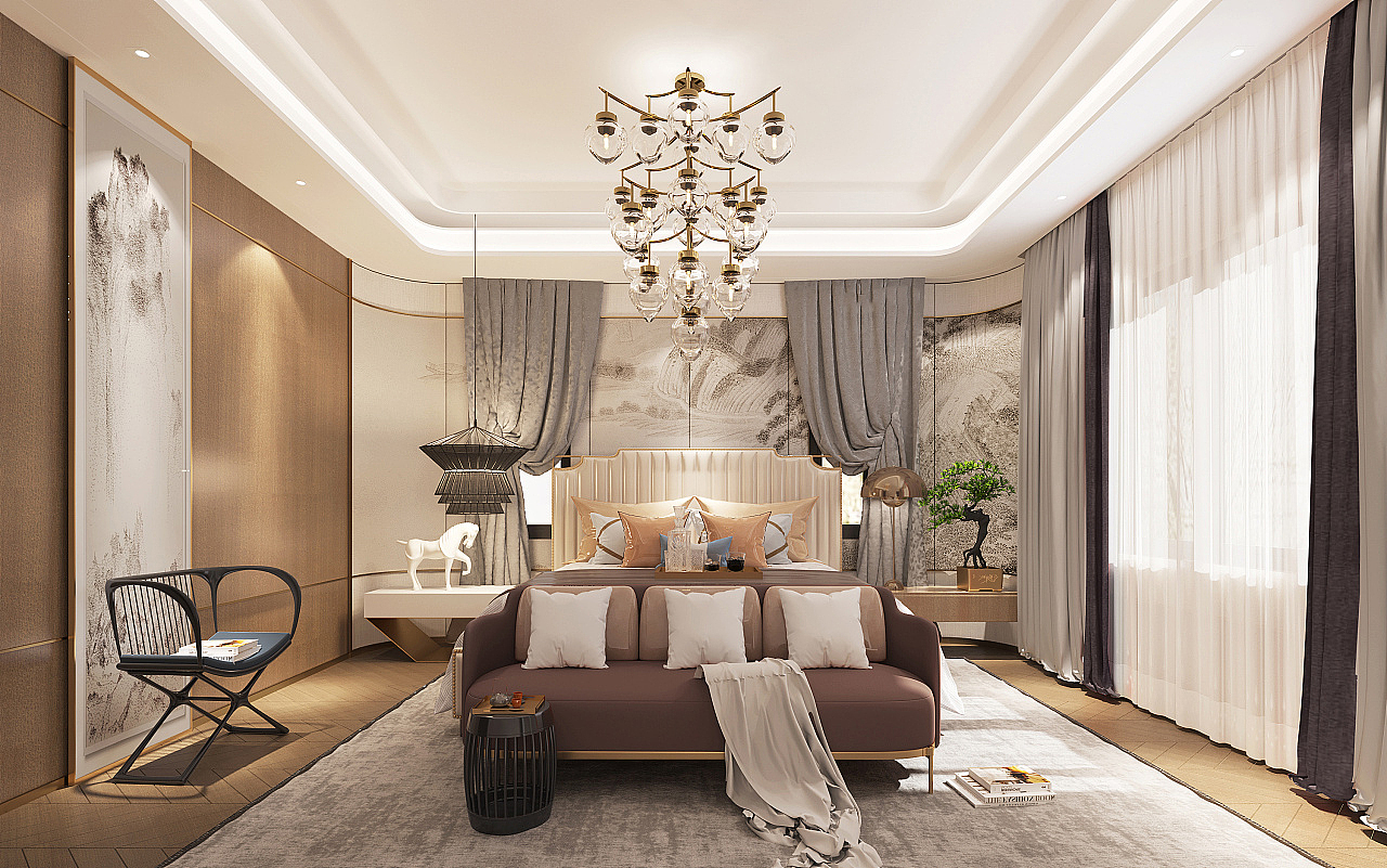 主卧的设计极具特色,山水墙绘充当背景墙,床尾贵妃位沙发不仅加深了空间的层次感又体现了精致的生活质感